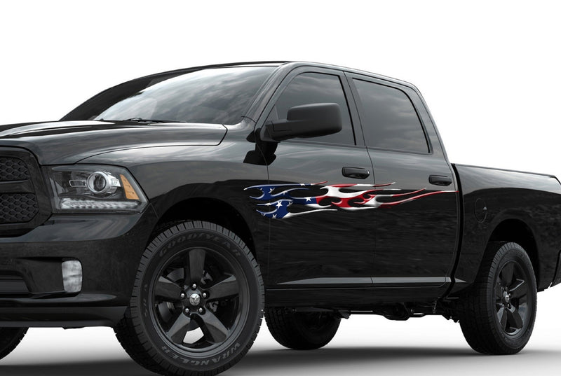 american flag flames graphics on black dodge ram truck